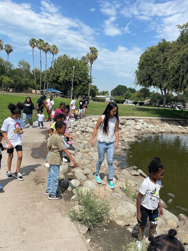Kids at the park are standing on rocks by the pond.